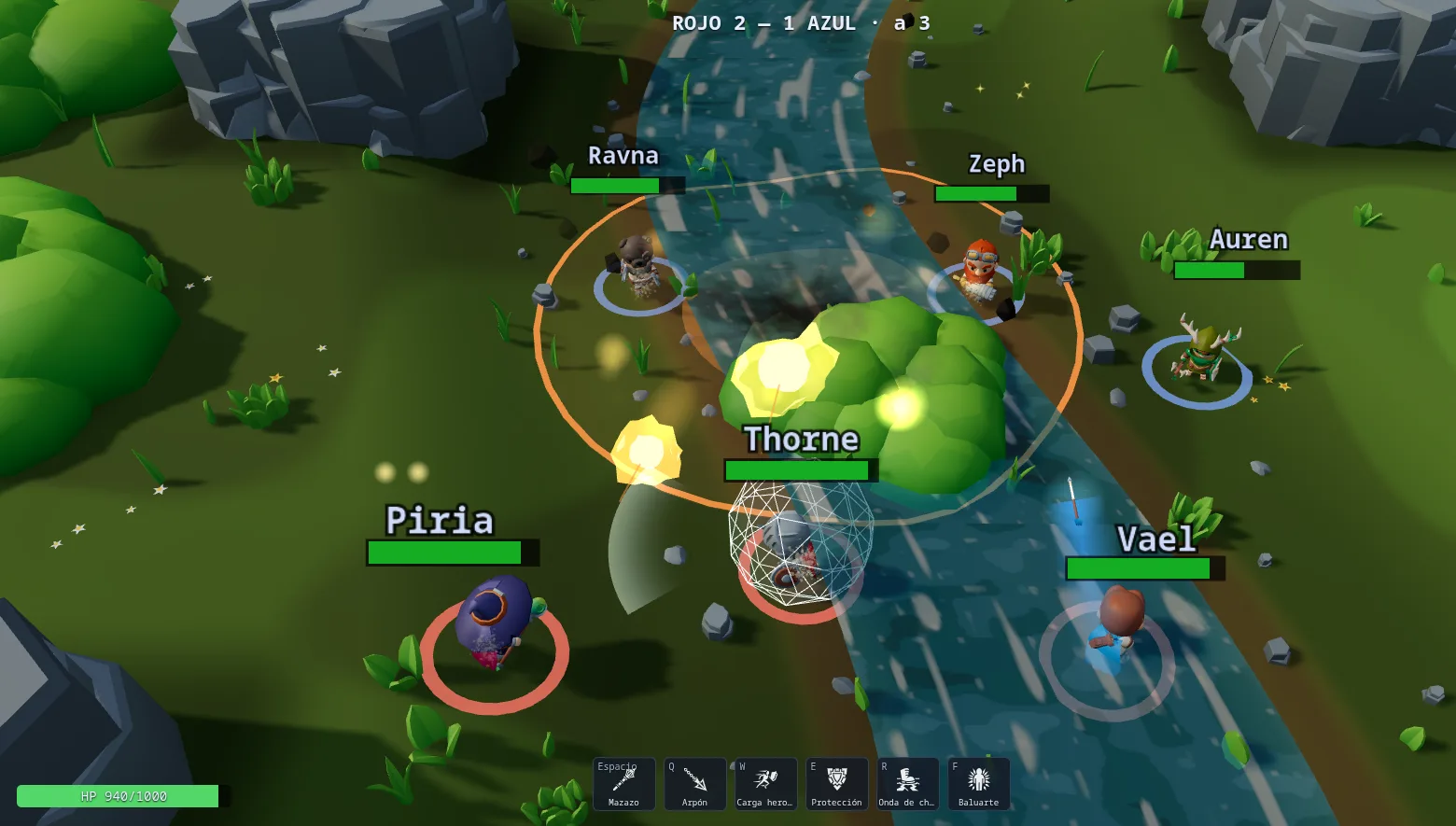 Una partida 3 contra 3 de Kraglings: seis campeones junto al río, marcador 2-1 y la barra de habilidades.